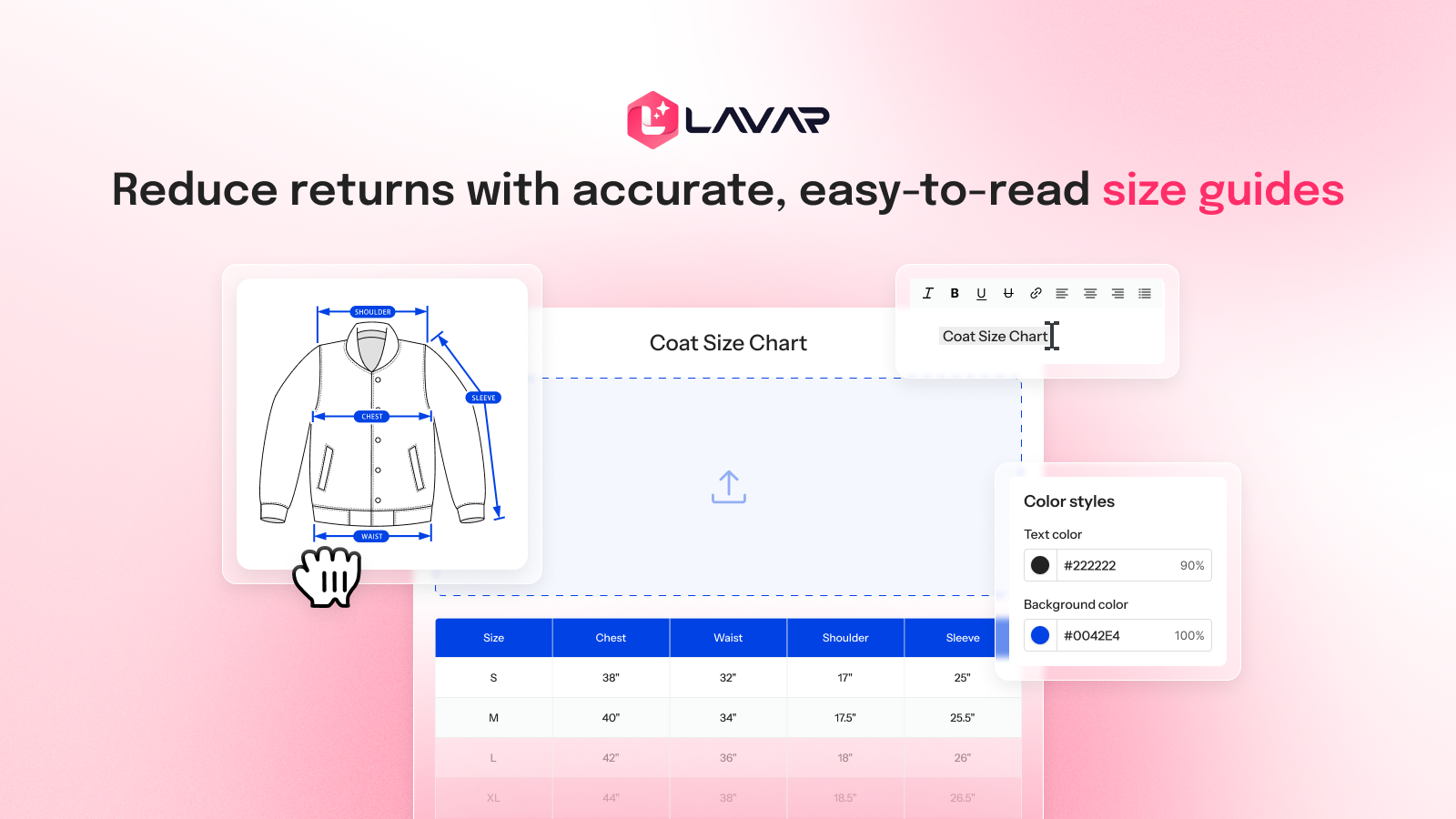 Customizable size charts tailored to every product