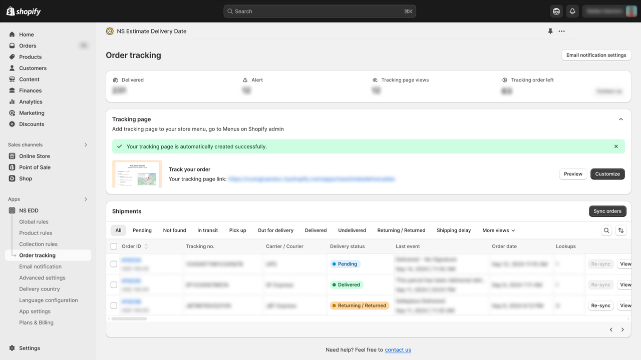 Estimated Delivery App dashboard