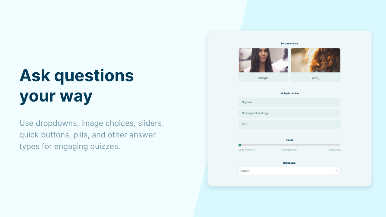 Flexible quiz answer types with images, sliders, and pills