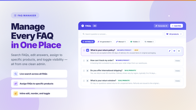 FAQ admin list with live search and edit actions