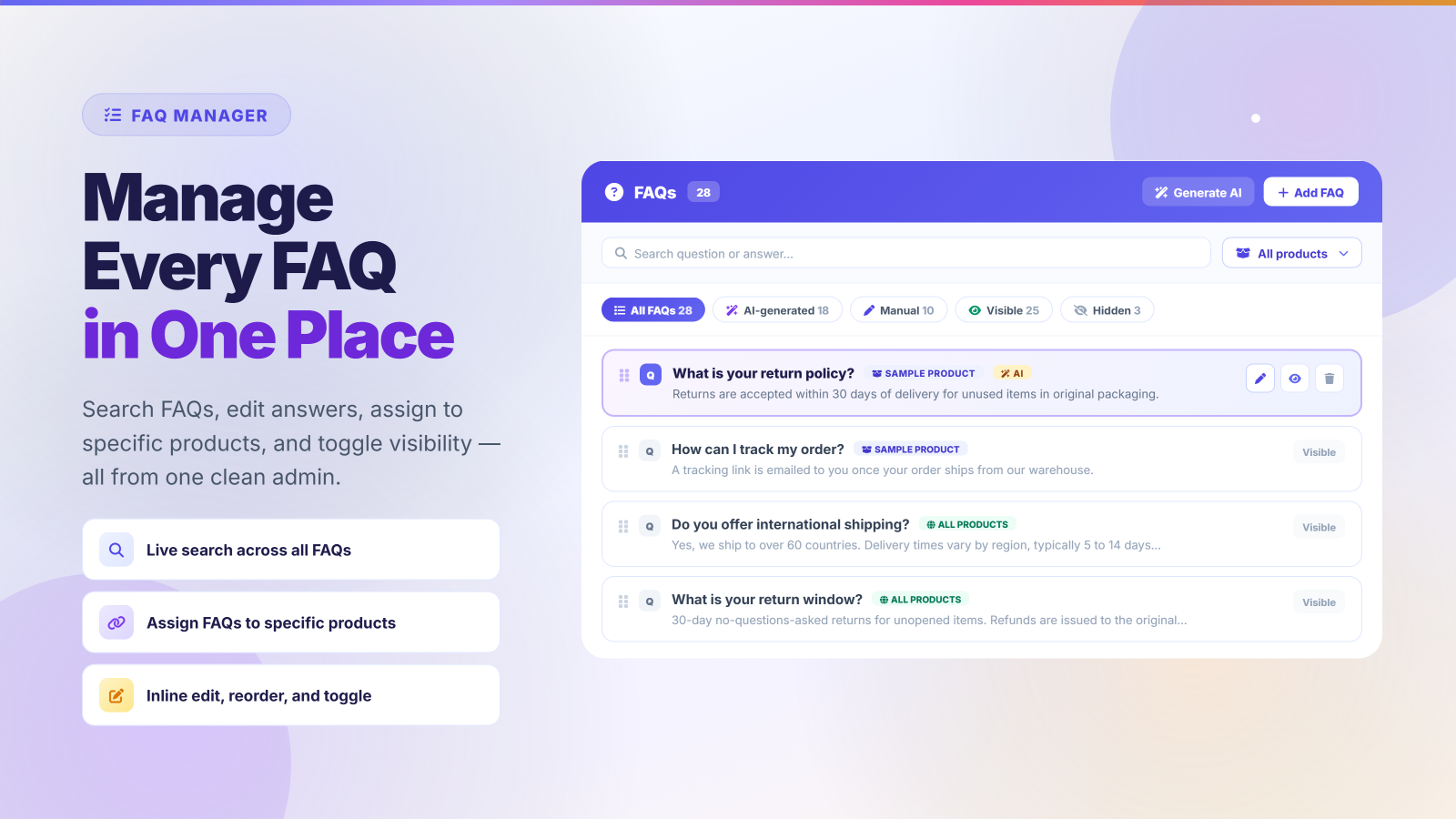 FAQ admin list with live search and edit actions