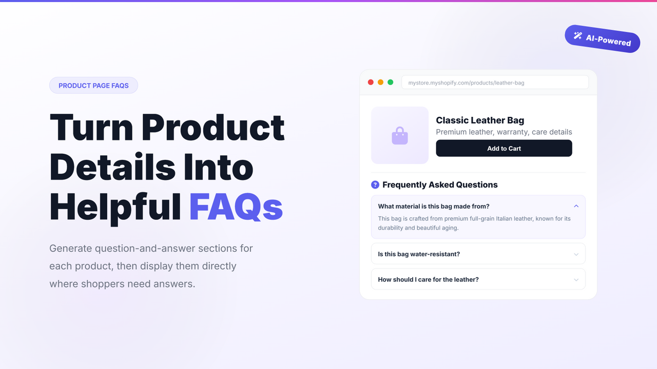 FAQ Generator showing AI-built FAQs on product page