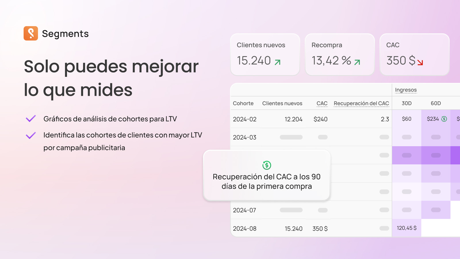Más de 30 KPIs: cohortes, resumen ejecutivo y más.