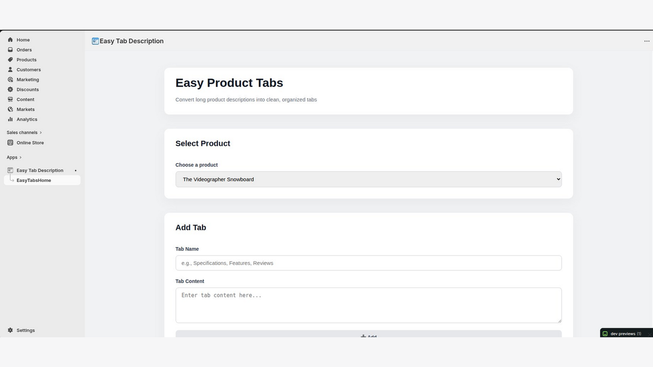 Easy Tab Description app dashboard - create custom product tabs