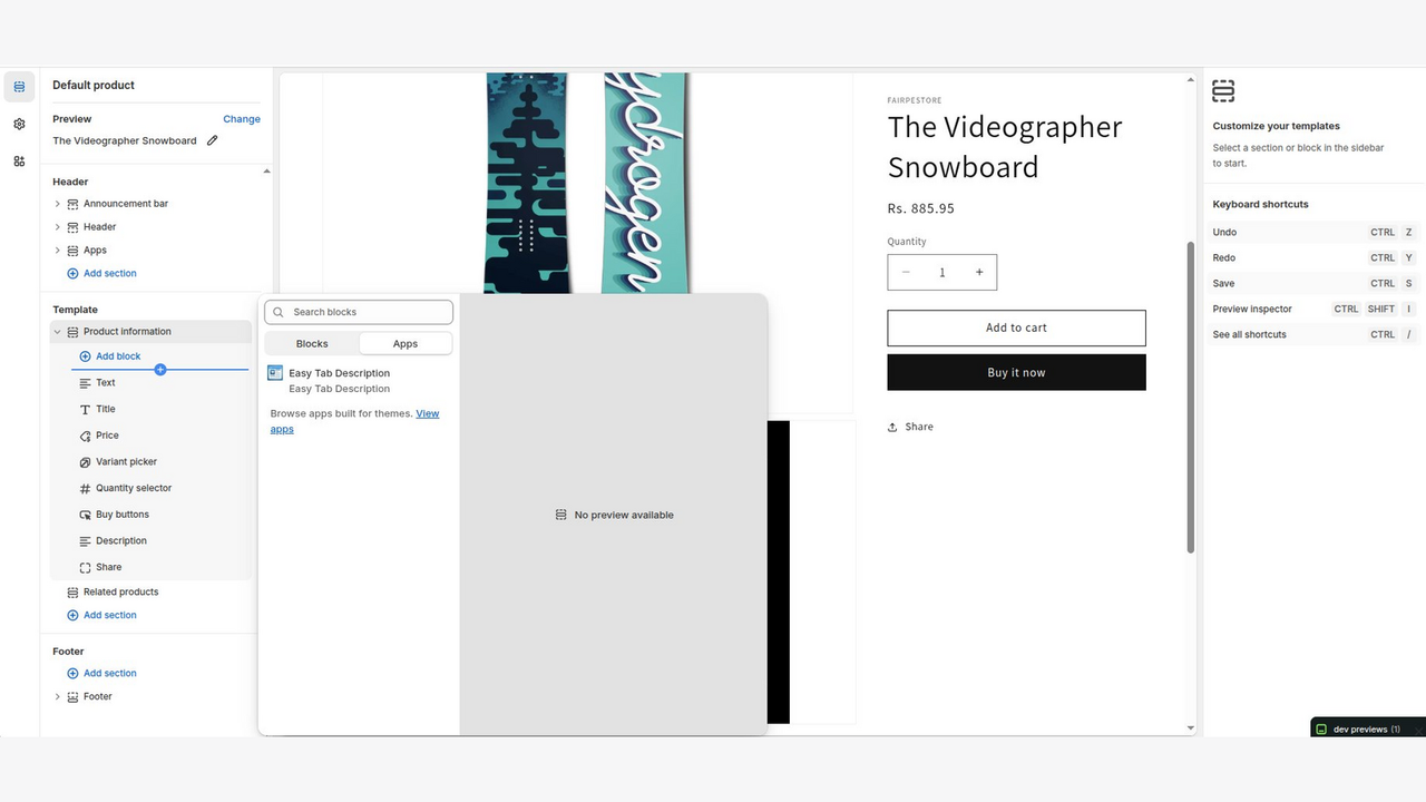 Adding Easy Tab Description block in Shopify theme editor
