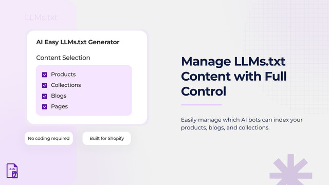 Manage LLMs.txt content for products, blogs, and pages