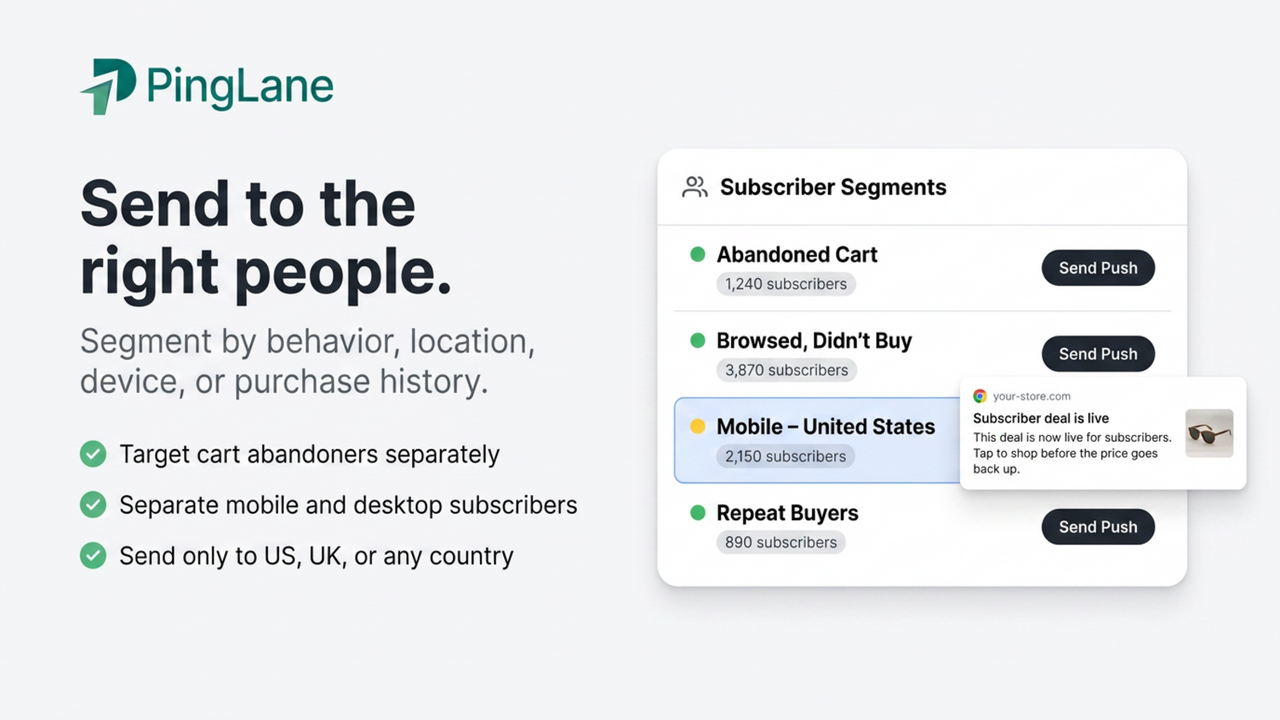 Subscriber segments panel with targeted push preview