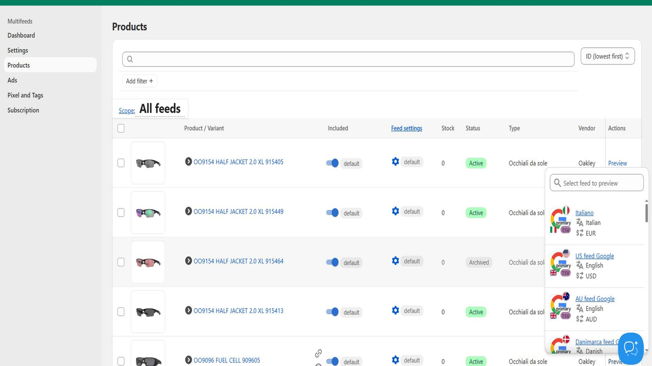 Each product can have its own feed settings