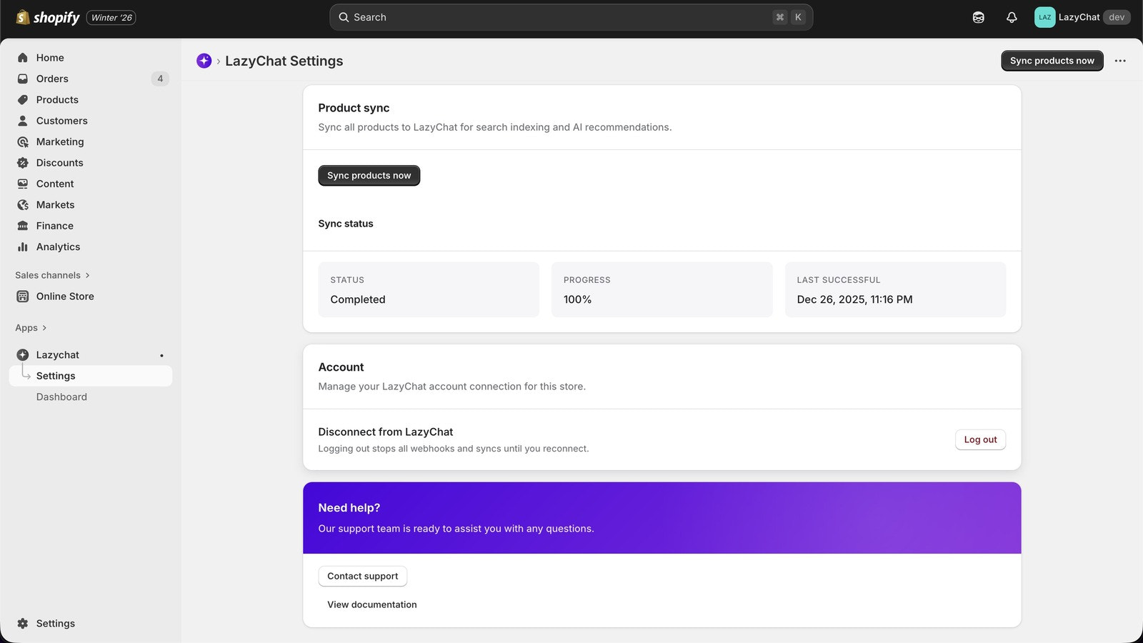 Lazychat app settings in shopify
