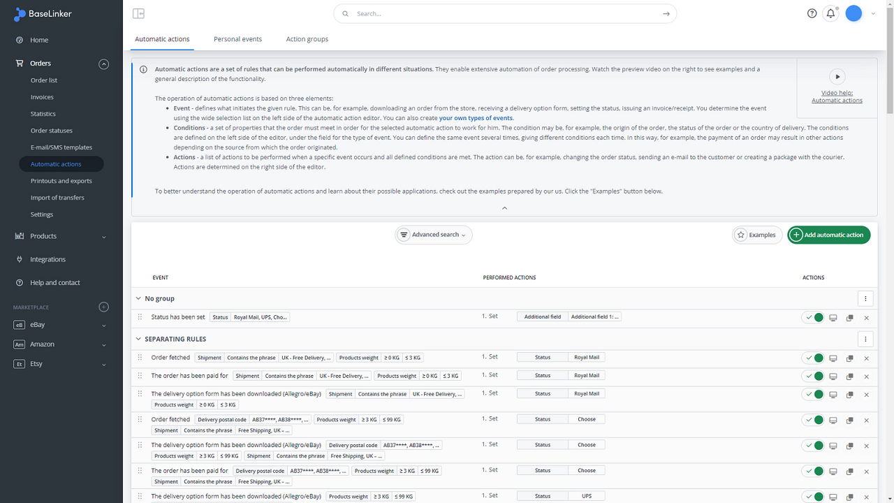 Orders automatic actions page