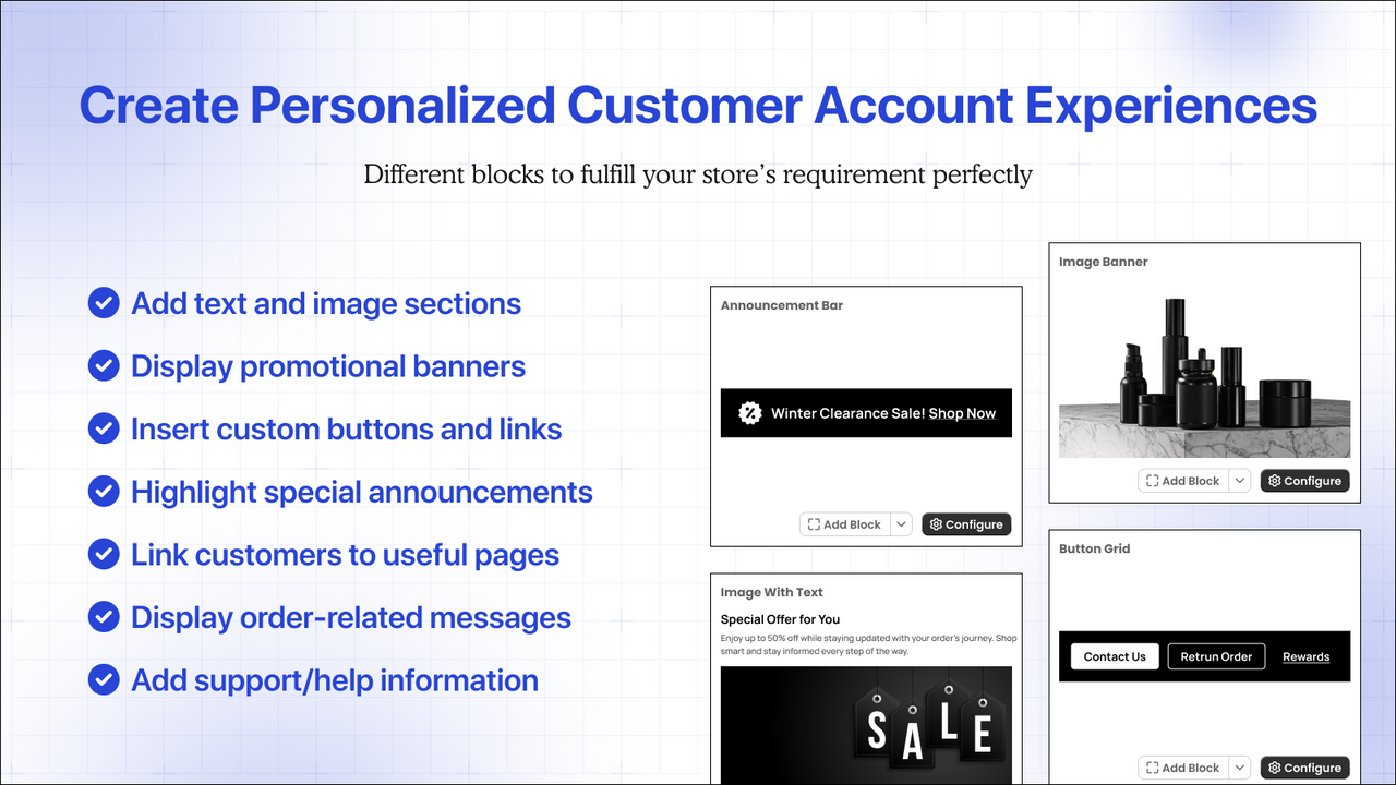 Add text, image and announcement blocks to accounts