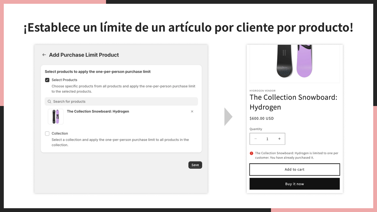 ¡Establece un límite de un artículo por cliente por producto!