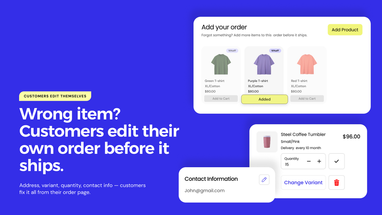 Add products, change variants and adjust quantity after checkout
