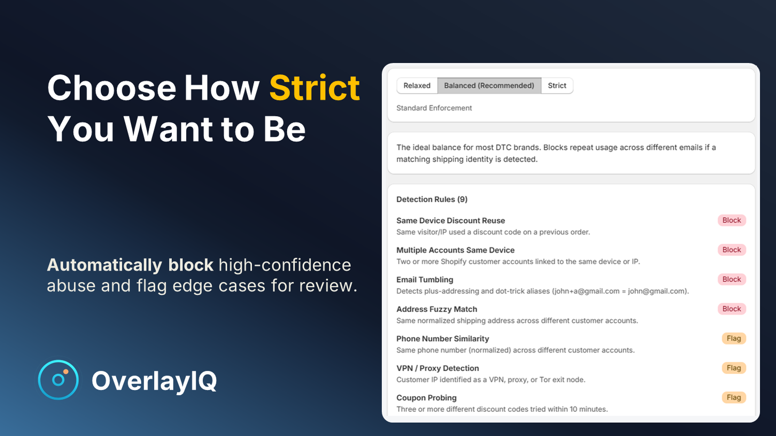 Admin settings for adjusting strictness and detection rules.