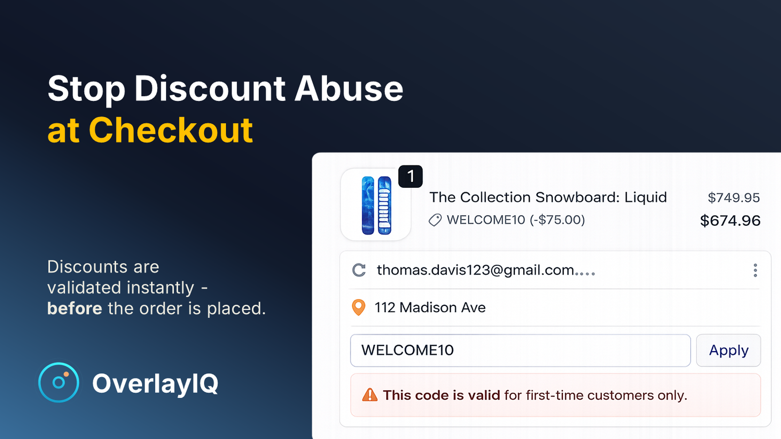 Real-time block showing "code is for first-time customers only.