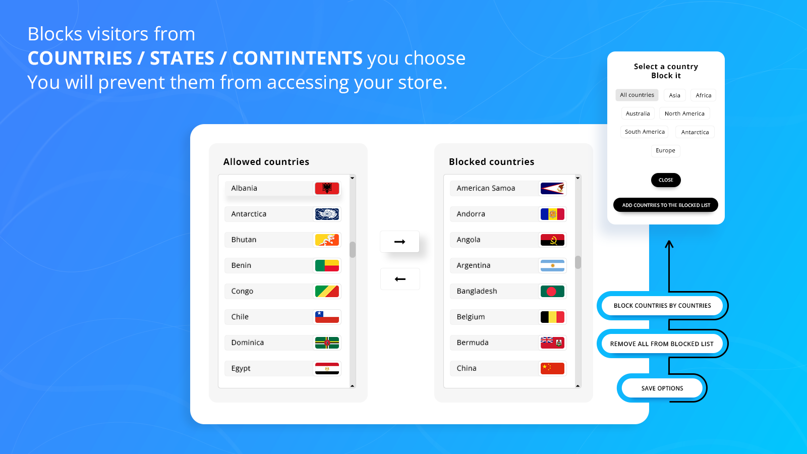 Country blocker dashboard with geo blocking settings