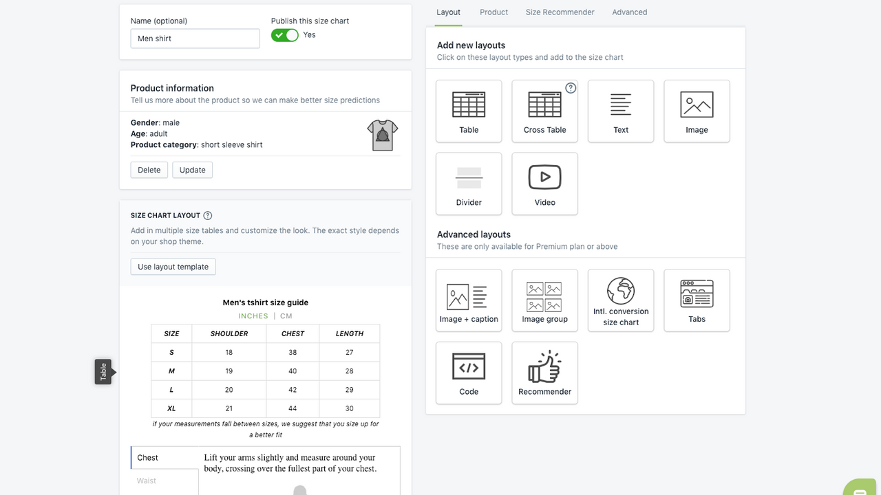 Size Chart editor