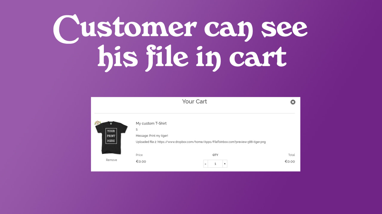 Custom file uploads are attached to the cart automatically