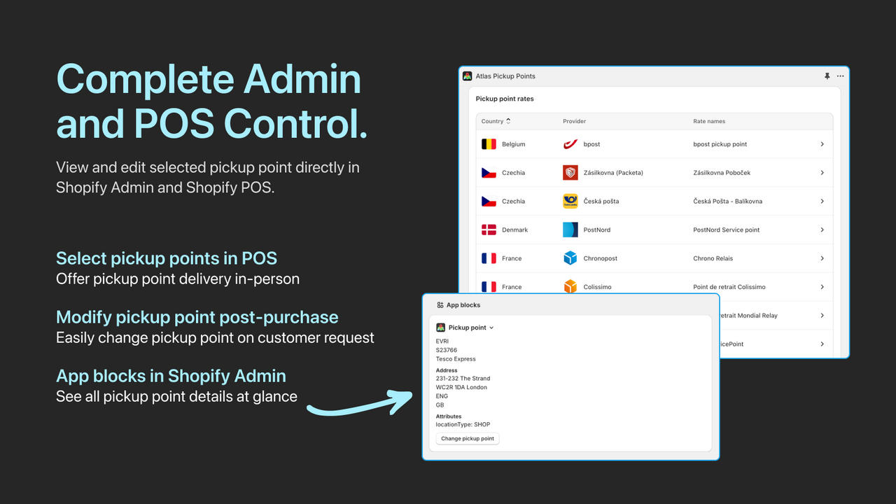 Pickup points selection in Shopify Admin & Shopify POS