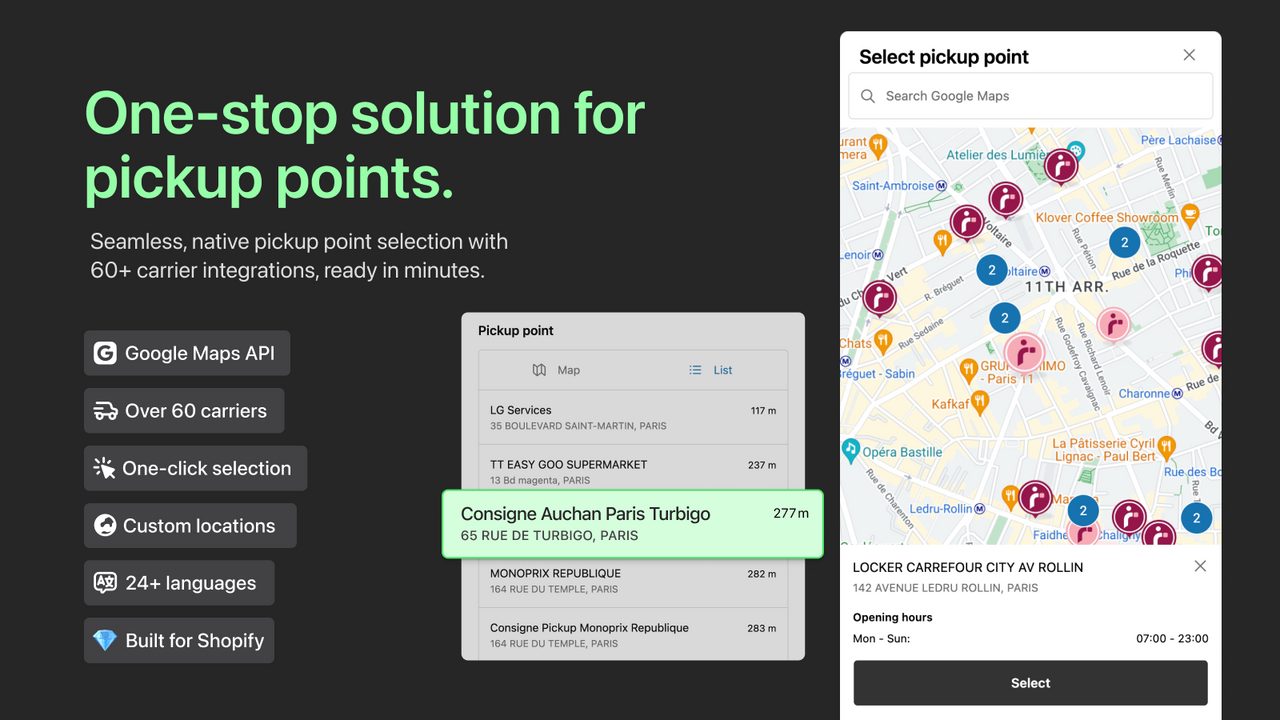 Pickup points selection in Shopify checkout