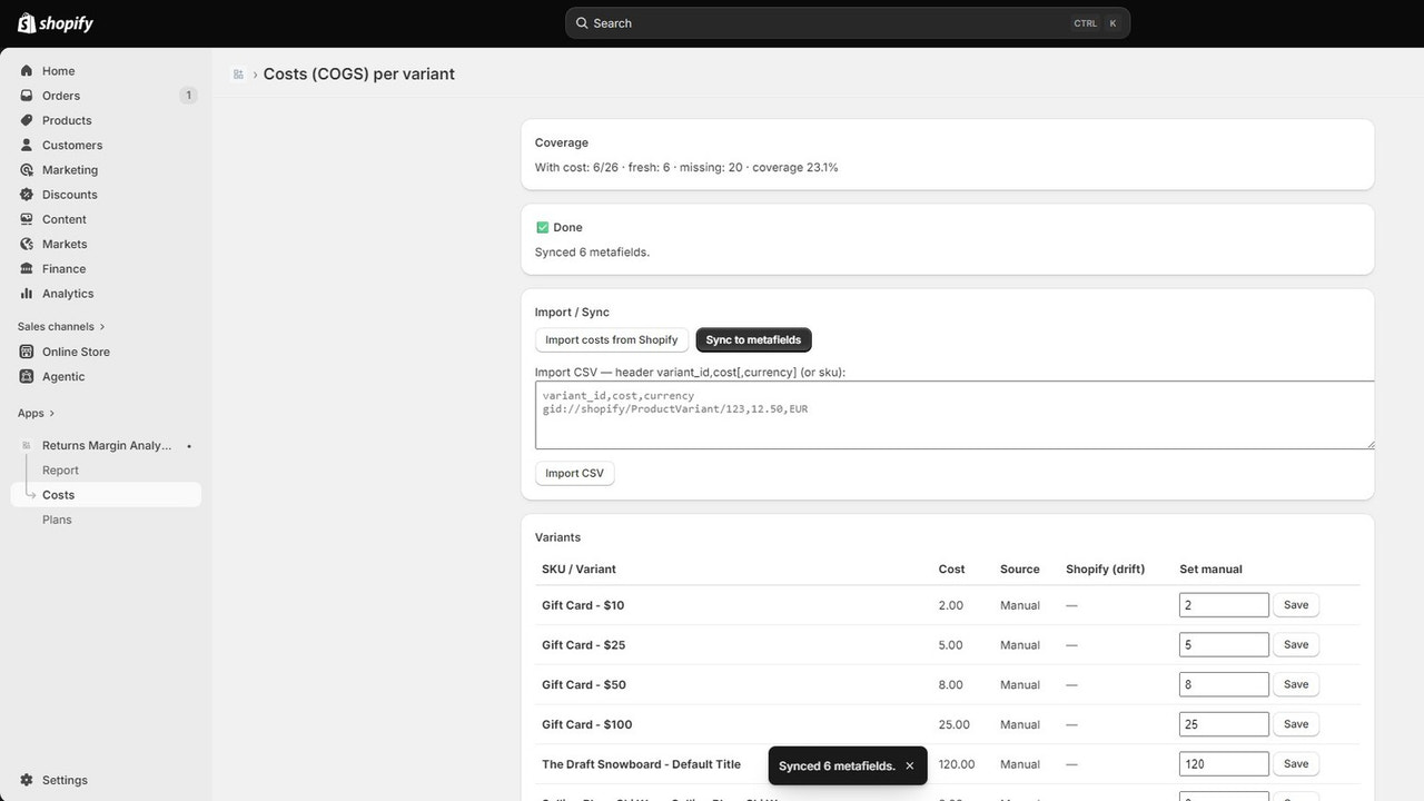 Costs page: import and sync product COGS to metafields