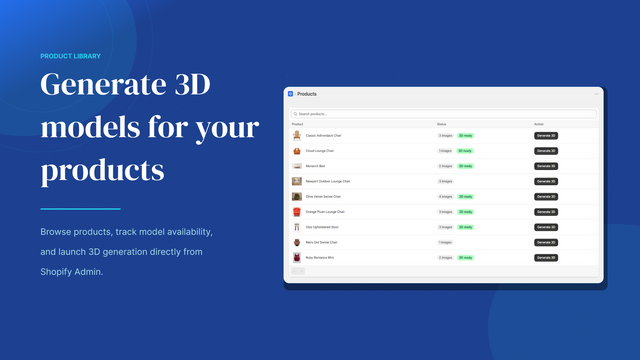 Product dashboard with 3D generation status and actions