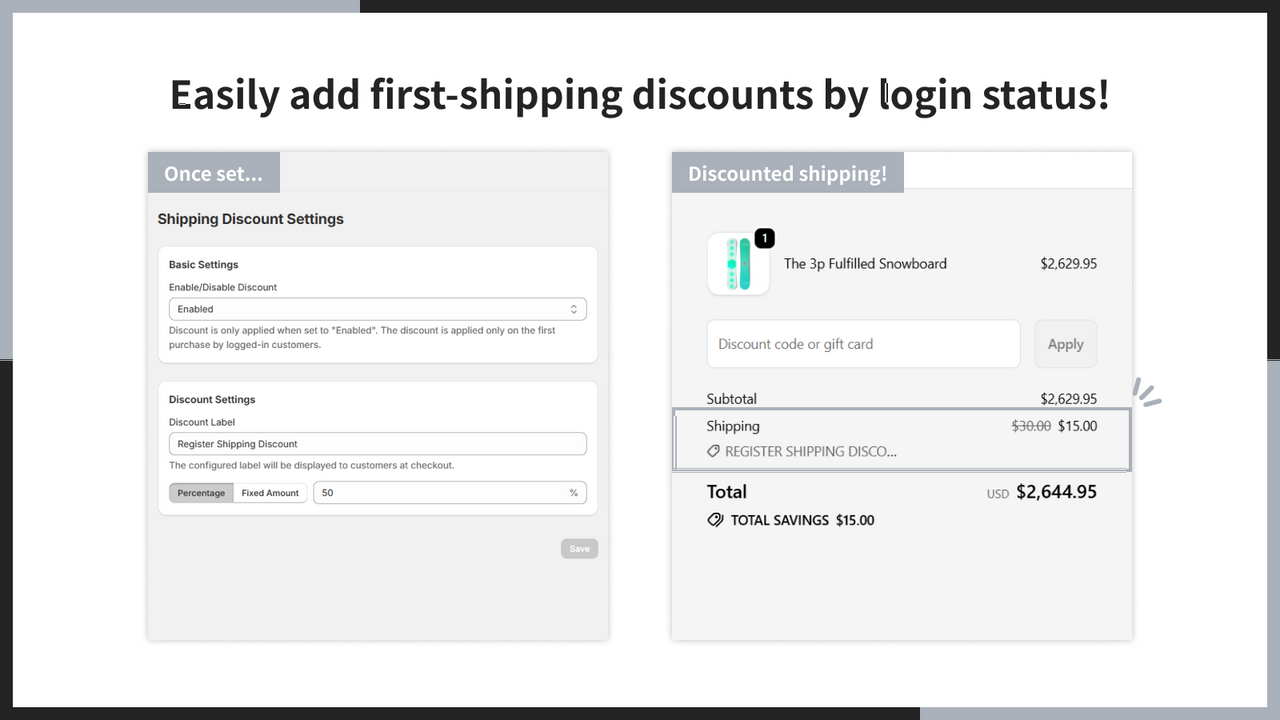Easily add first-shipping discounts by login status!