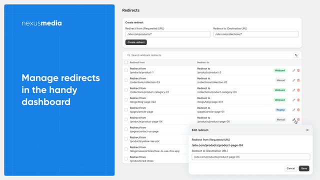 Manage 301 redirects via a user-friendly dashboard