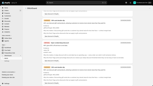 GlitchGuard alert feed: risky discounts with plain-English why-i