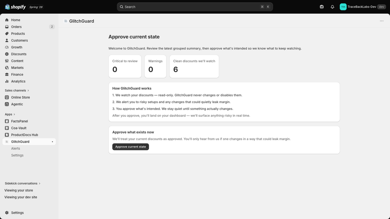 GlitchGuard onboarding: how it works and approve-current-state b