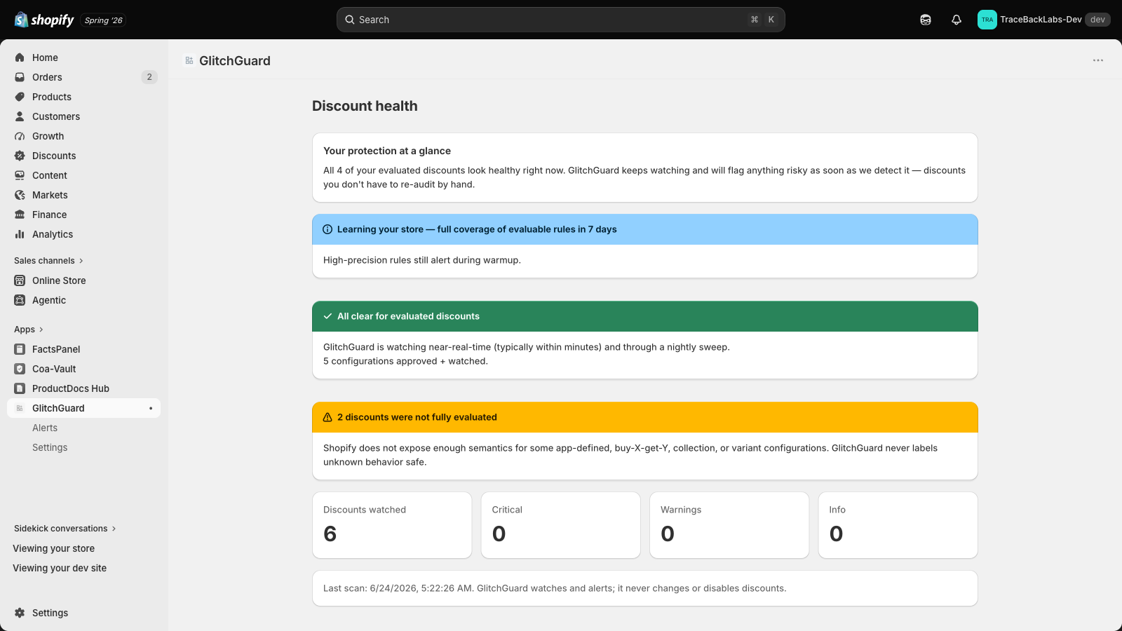 GlitchGuard dashboard: protection-at-a-glance summary, status ti