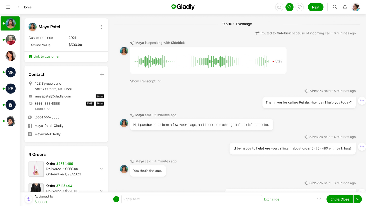 Conversation using Gladly Sidekick