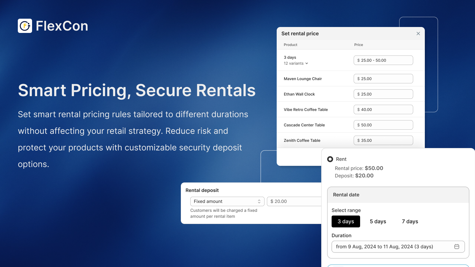 Custom rental pricing with flat or daily rate, security deposits