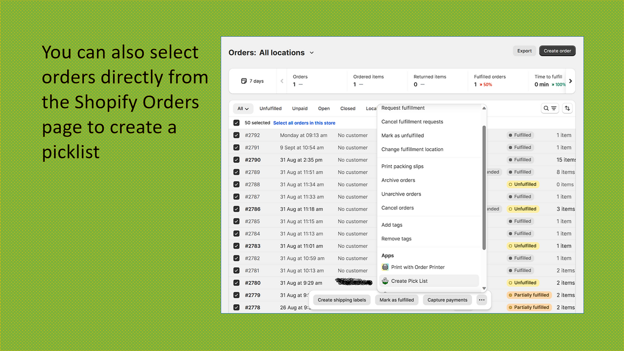 Select orders from Shopify Admin