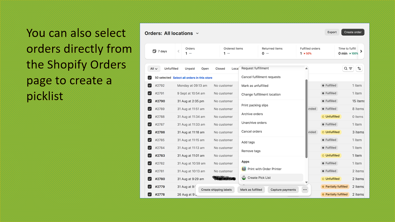Select orders from Shopify Admin