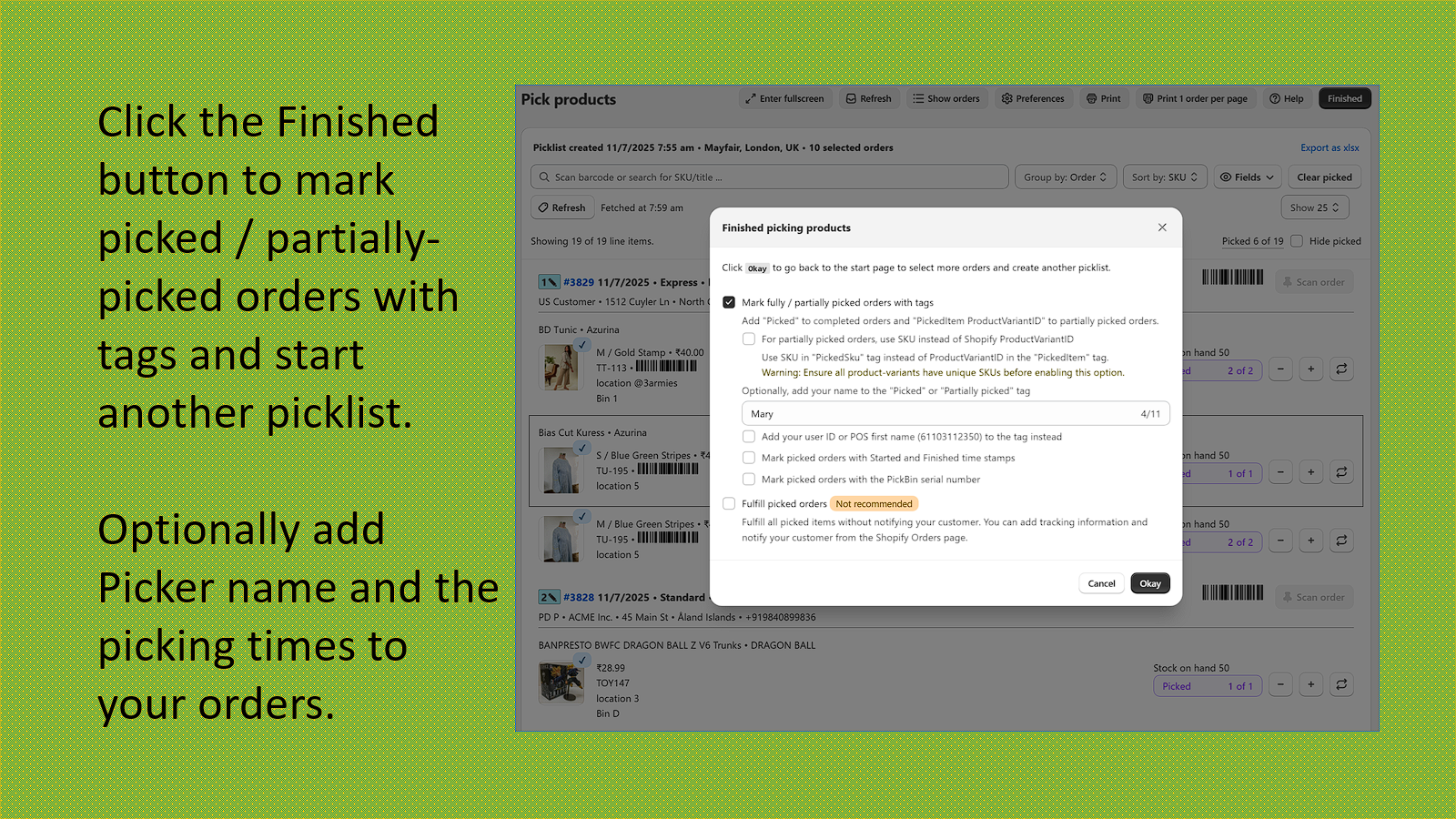 Mark orders as picked