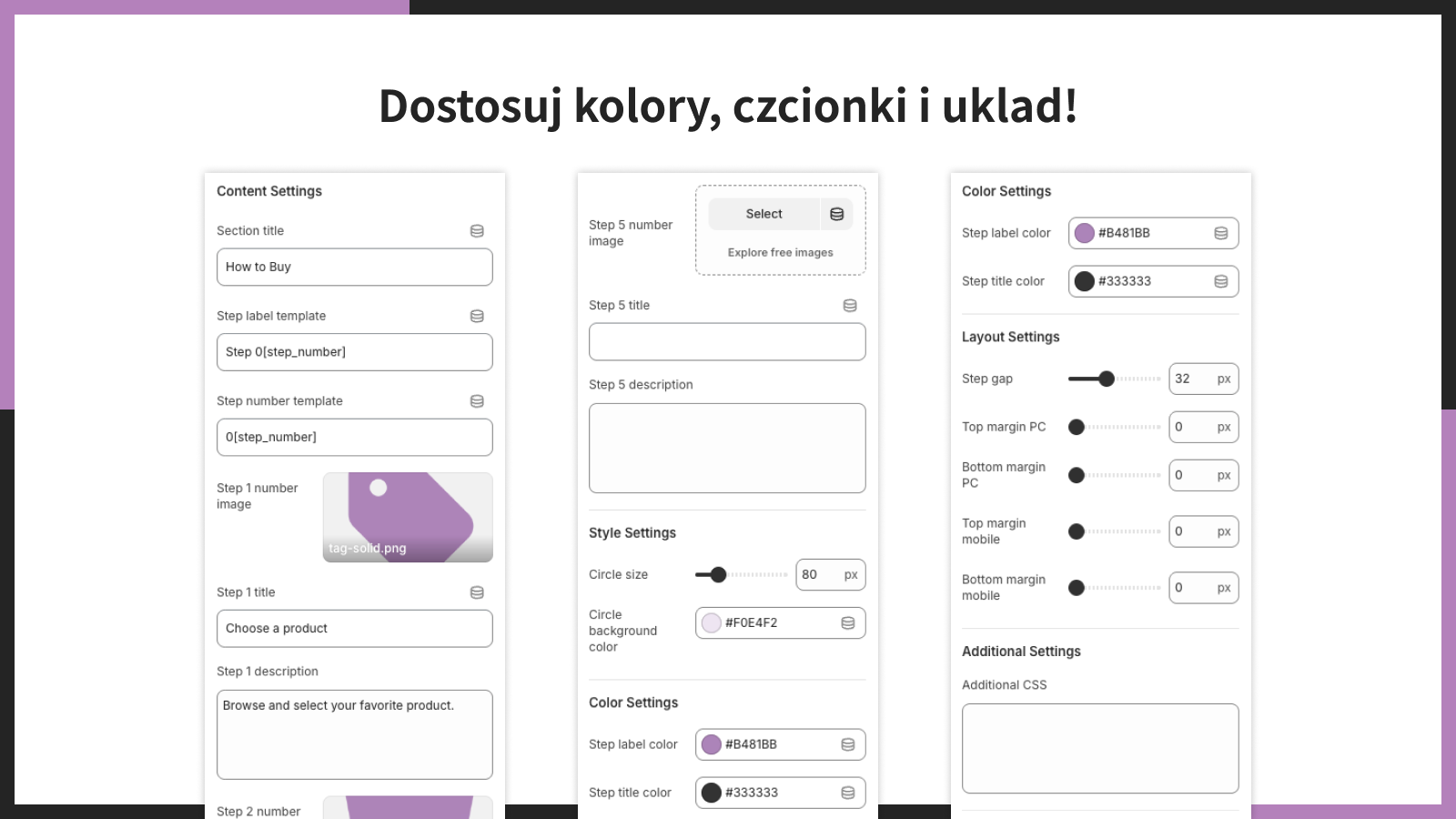 Dostosuj kolory, czcionki i uklad!