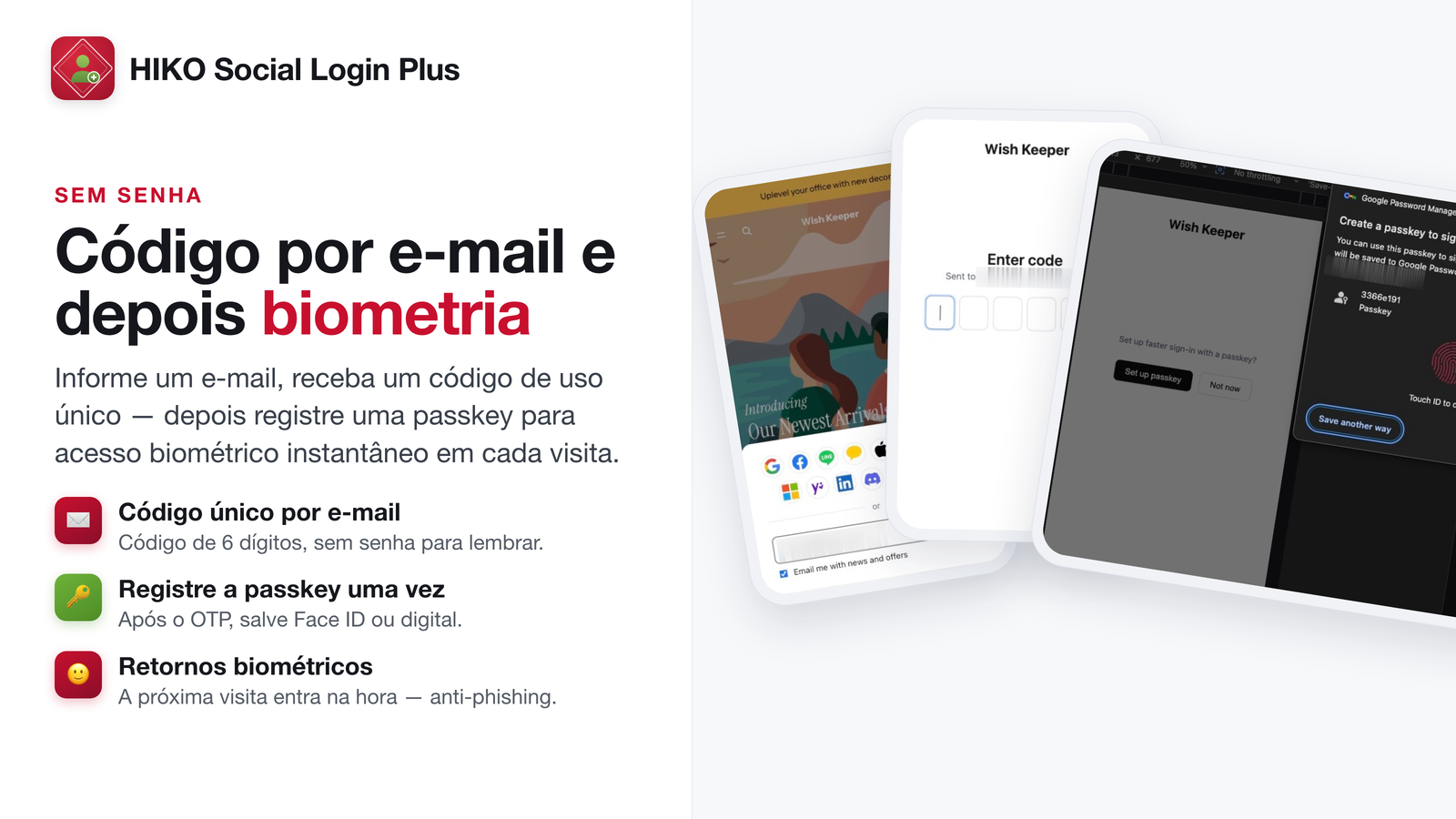 Login por código de e-mail e registro de passkey