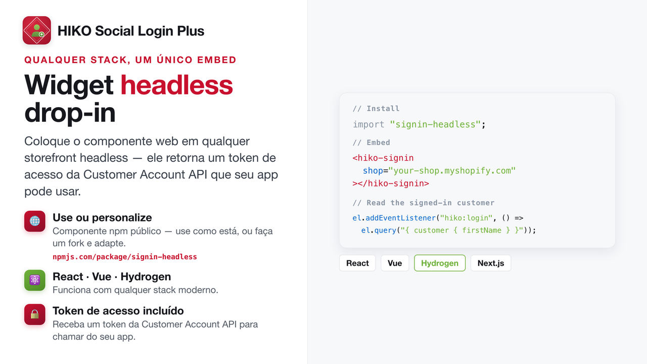 Componente web headless para React, Vue e Hydrogen