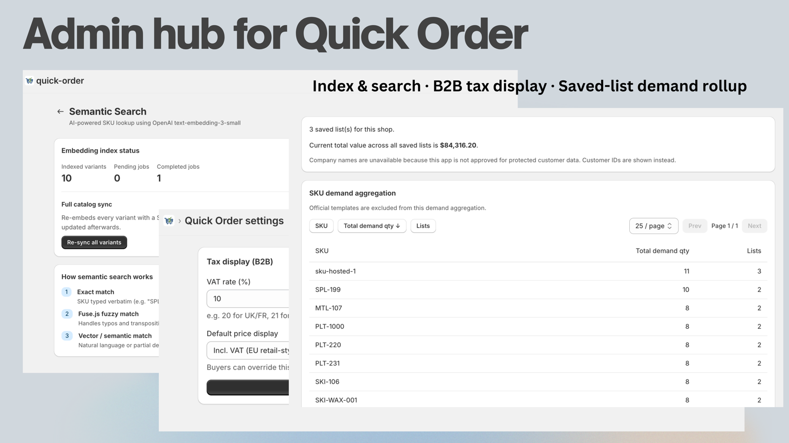 Admin hub for search indexing VAT settings and SKU demand