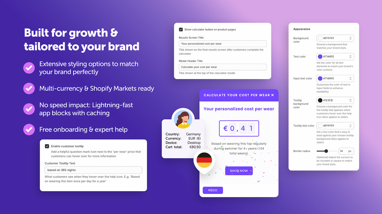 Multi-currency & Shopify Markets, styling options, & support
