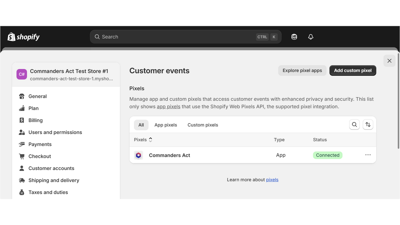 App connected in "Customer Events".