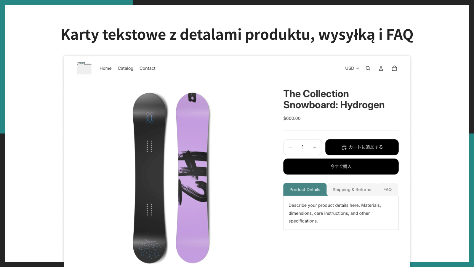 Karty tekstowe z detalami produktu, wysyłką i FAQ