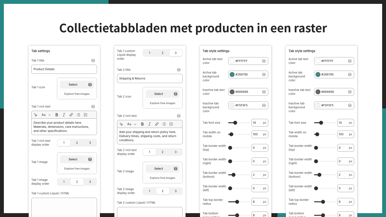 Collectietabbladen met producten in een raster