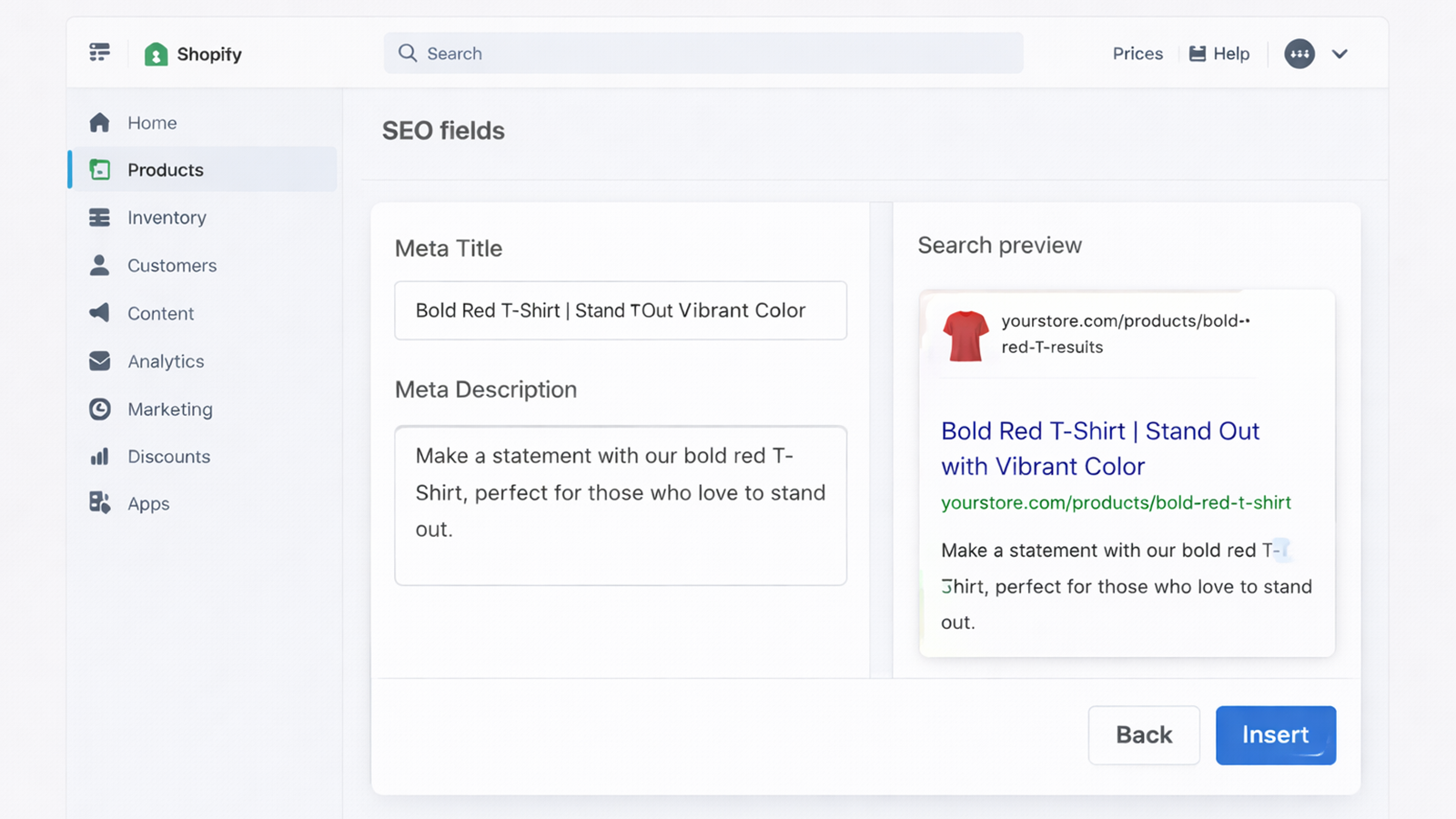 SEO meta fields for each variant with search preview