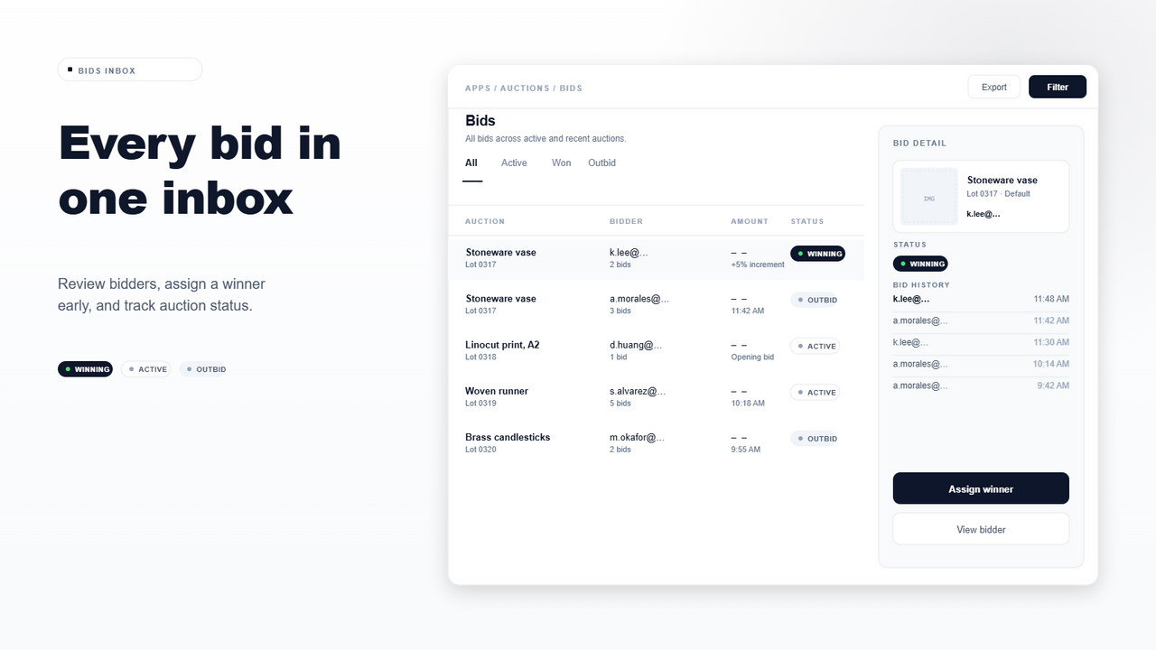  It offers features like live bid updates, winner assigning
