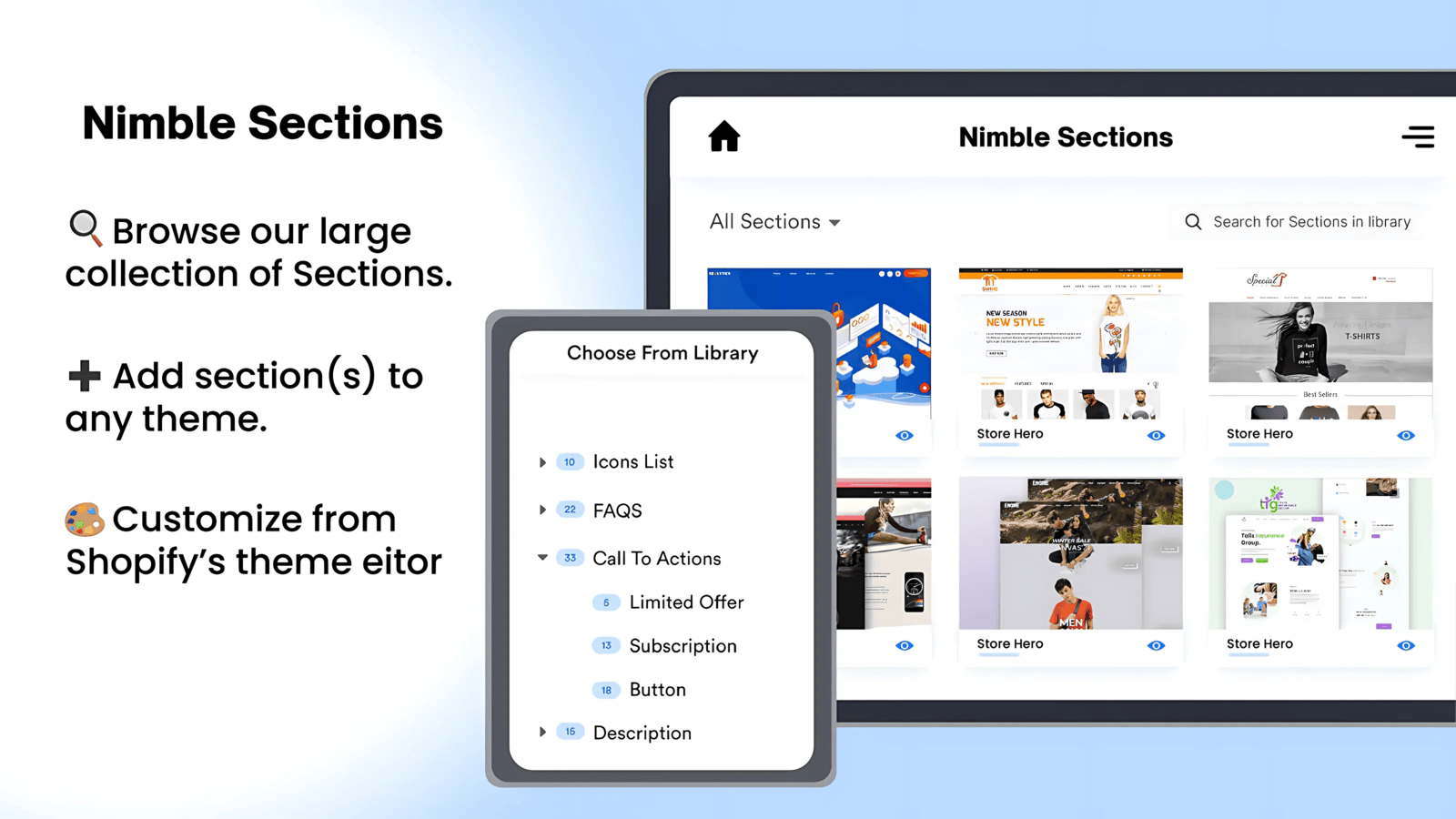 Nimble Sections dashboard — browse and customize theme sections