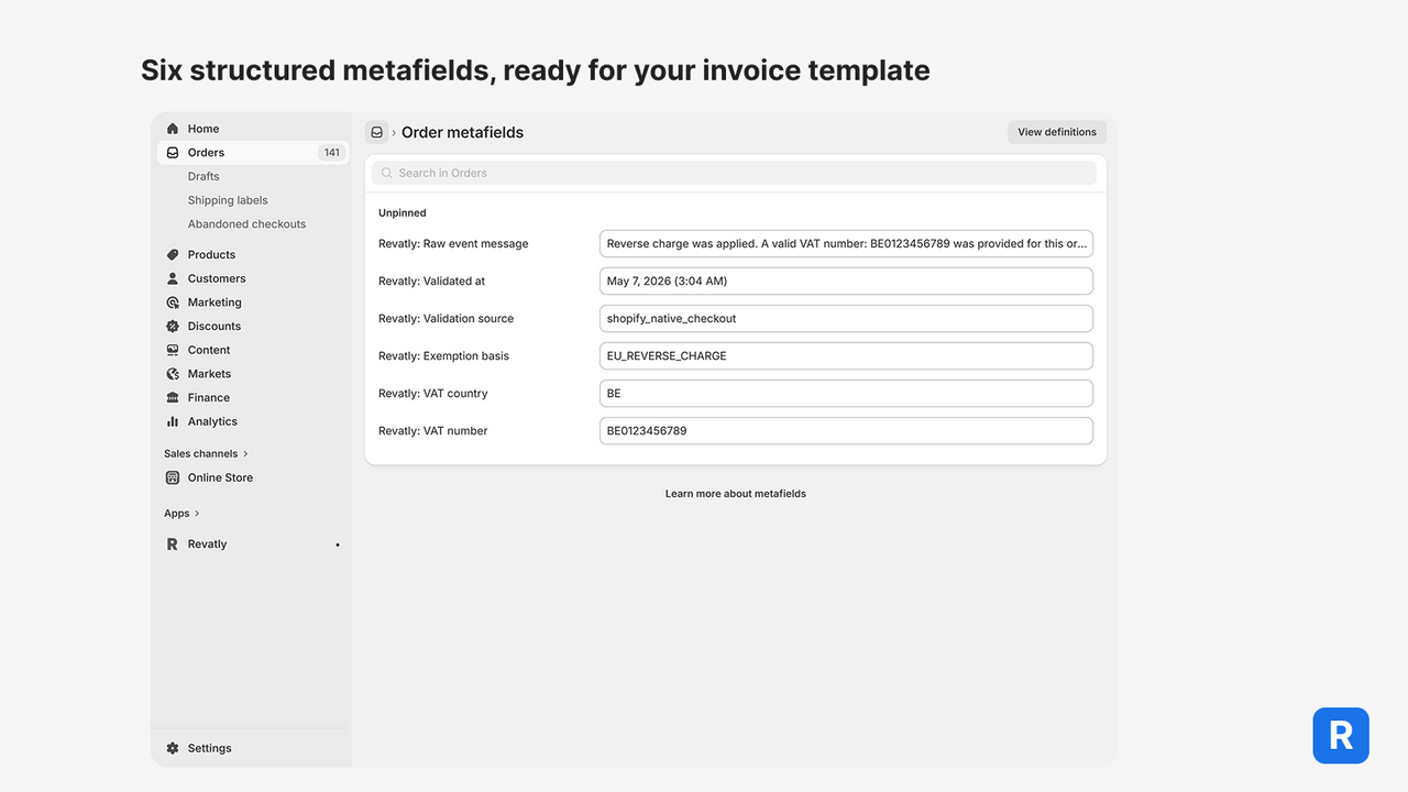 Order record with six VAT metafields under revatly namespace.