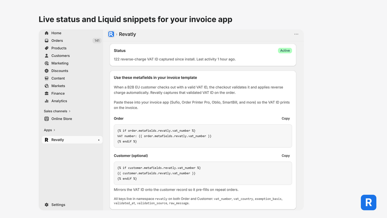 Revatly home page: Active status and Liquid snippets to copy.