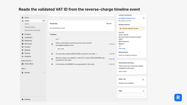 Order timeline event showing the validated VAT ID Revatly reads.